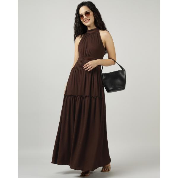 Brown Halter Neck Gathered Maxi Dress